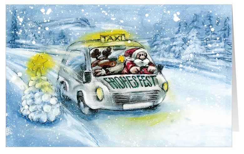 Heitere Branchenweihnachtskarte "Winterliche Fahrt" passend für Taxi-Unternehmen, Fahrdienst und Personenbeförderung
