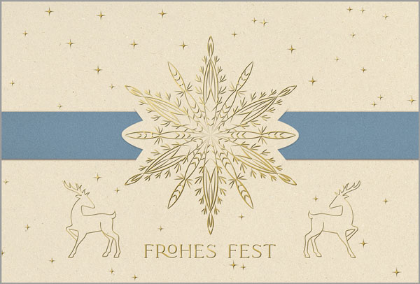 Sandfarbene Weihnachtskarte "Winterstern" aus Zuckerrohr-Naturkarton mit blauer Banderole und Goldfolienprägung