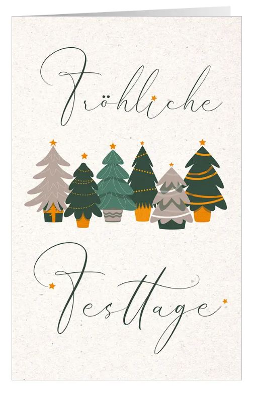 Spendengrußkarte "Topfbäume" mit Weihnachtsgruß und Tannenbäumen für Ärzte ohne Grenzen
