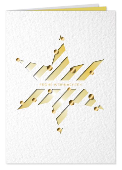 Weiße Weihnachtskarte mit "Frohe Weihnachten" in edler Goldprägung und Sternstanzung, Einleger gold