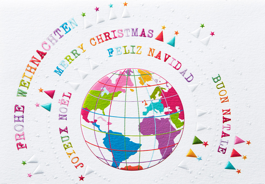 Weihnachtskarte weiß mit farbigen internationalen Wünschen Welt