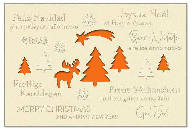 Hellbeige Weihnachtskarte "Elchgruß" mit Formstanzung und fühlbarer Blindprägung, mehrsprachig, Einleger orange