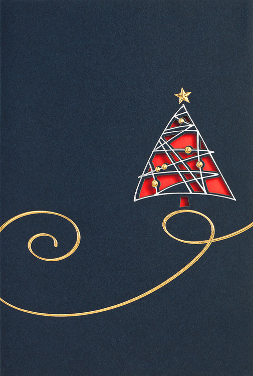 Weihnachtskarte nachtblau mit Weihnachtsbaum Einleger rot