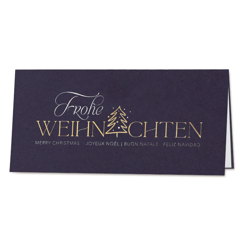 Weihnachtskarte "Nachtblaue Eleganz" mit Gold- und Silberfolienprägung von internationalen Weihnachtsgrüßen