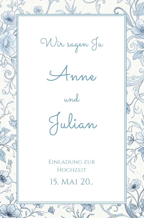 Elegante Hochzeitseinladung "Sommerbriese" mit floralem Ornamentrahmen und eigenem Foto auf der Innenseite