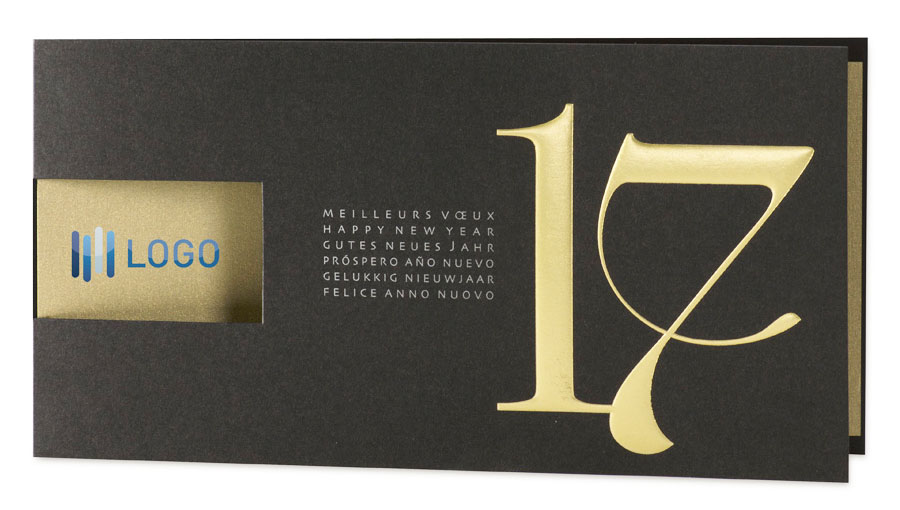 Neujahrskarte schwarz internationale Grüße Logokarte mit Jahreszahl