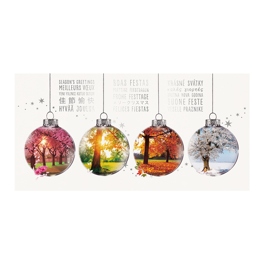 Weihnachtskarte mit vier Jahreszeiten in bunten Weihnachtskugeln und Festtagsgrüße