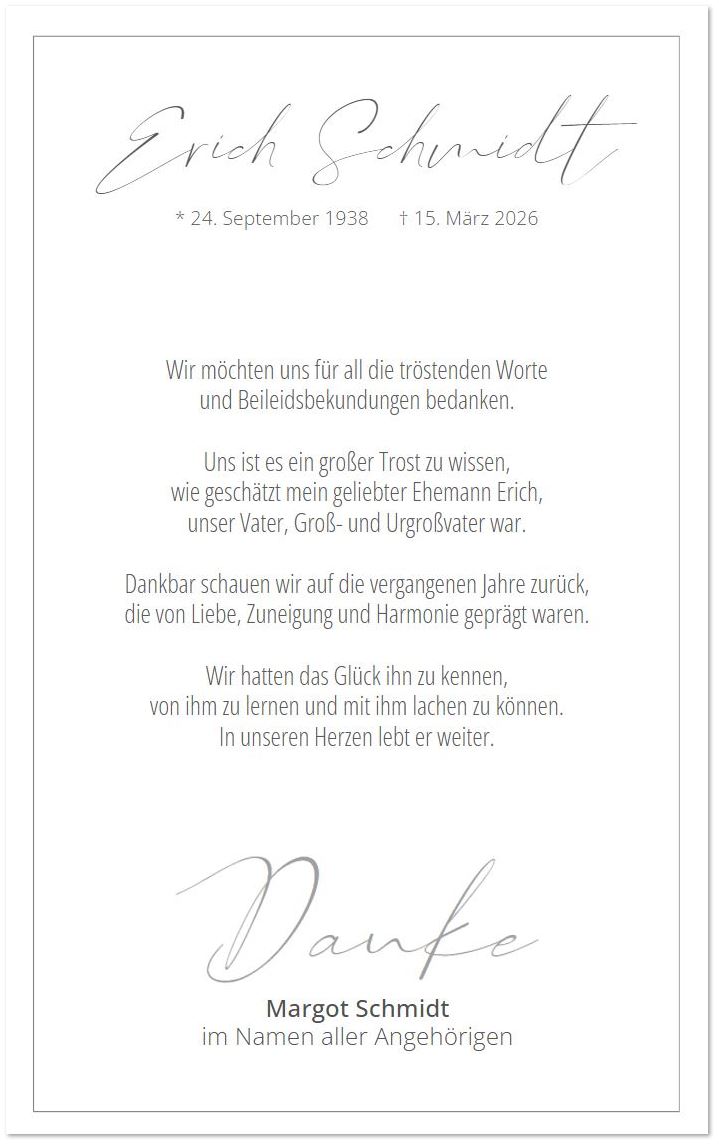 Einseitige Foto-Trauer-Dankkarte aus hochwertigem, weißem, seidenmattem Designkarton mit Fotodruck auf der Vorderseite und Textaufdruck auf der Rückseite