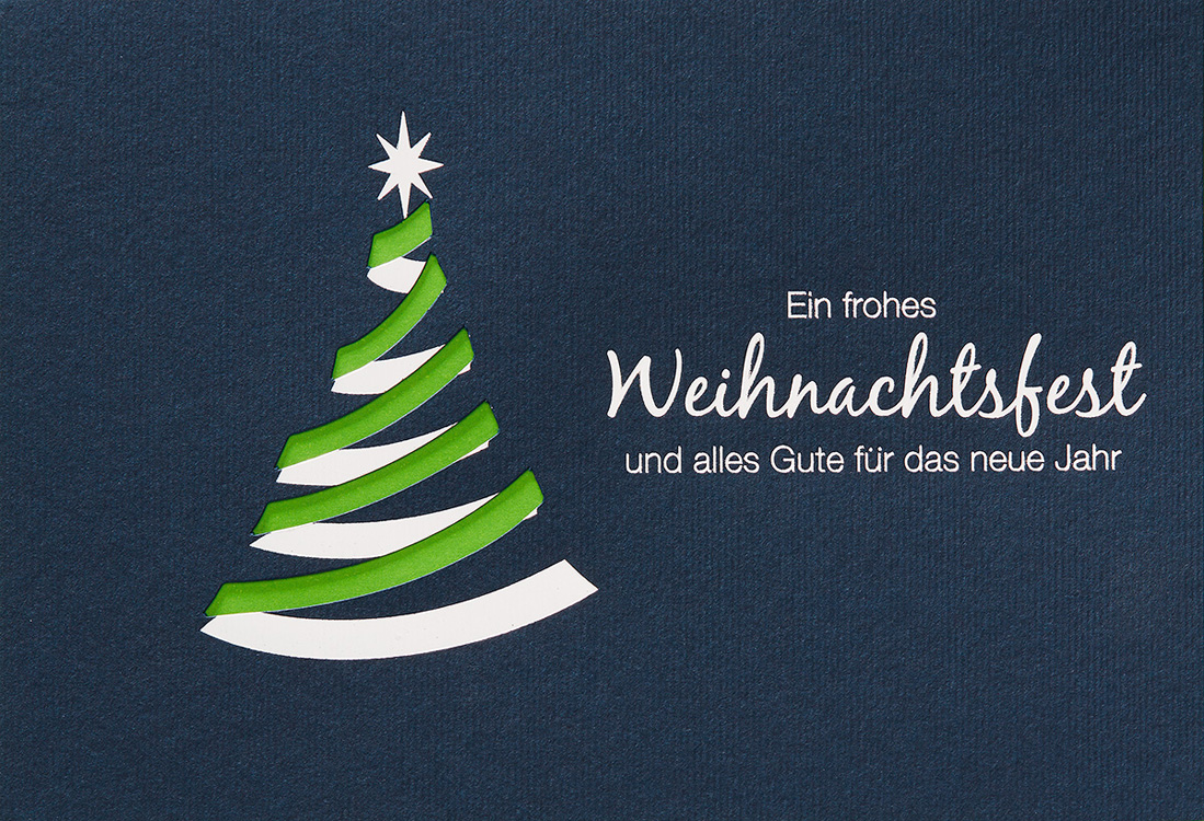 Weihnachtskarte blau grün silber mit Weihnachtsbaum Stanzung