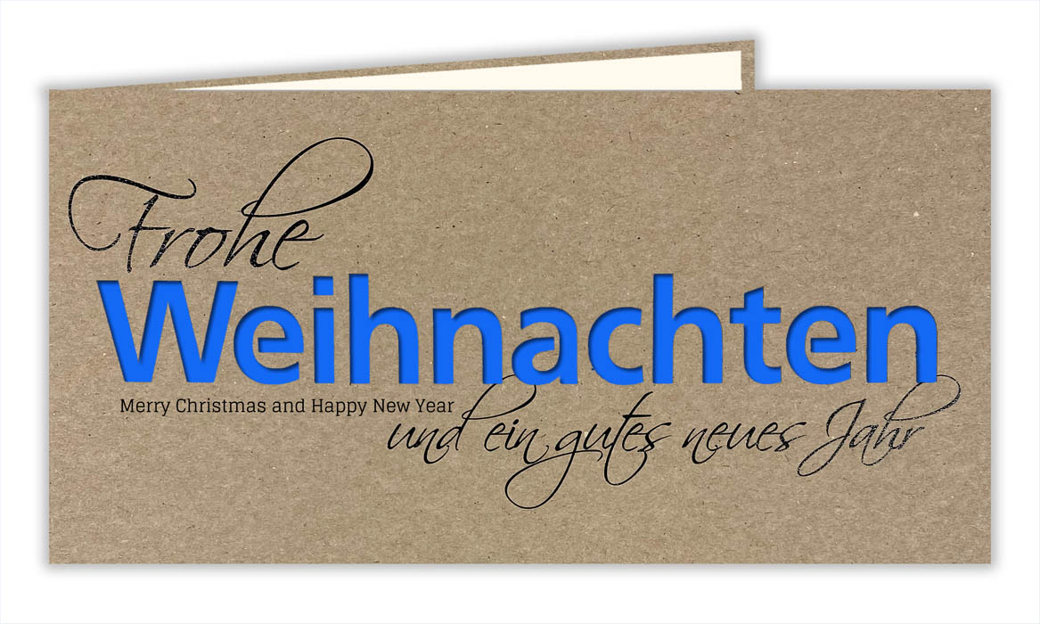 Naturbraune Weihnachtskarte mit Ausstanzung "Weihnachten" Schriftzug und blau-/weißem Einlegeblatt