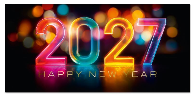 Moderne Neujahrskarte mit Jahreszahl "2027" und "Happy New Year" in bunten Farben, DIN lang