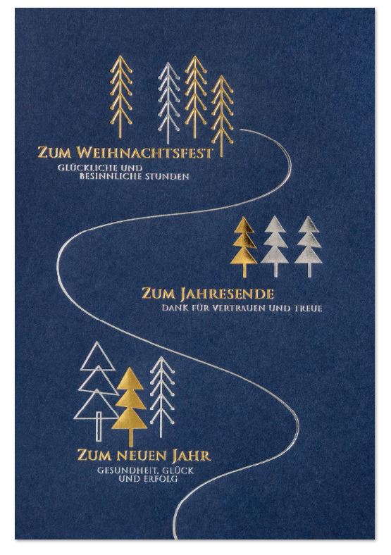 Firmenweihnachtskarte in blau mit geschäftlichen Grüßen und Dank in edler Gold- und Silberfolienprägung