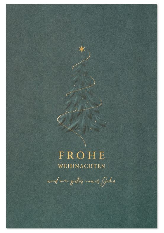 Elegante Weihnachtskarte "Weihnachten mit Stil" in dunkelgrün mit Tannenbaum und edler Goldfolienprägung 