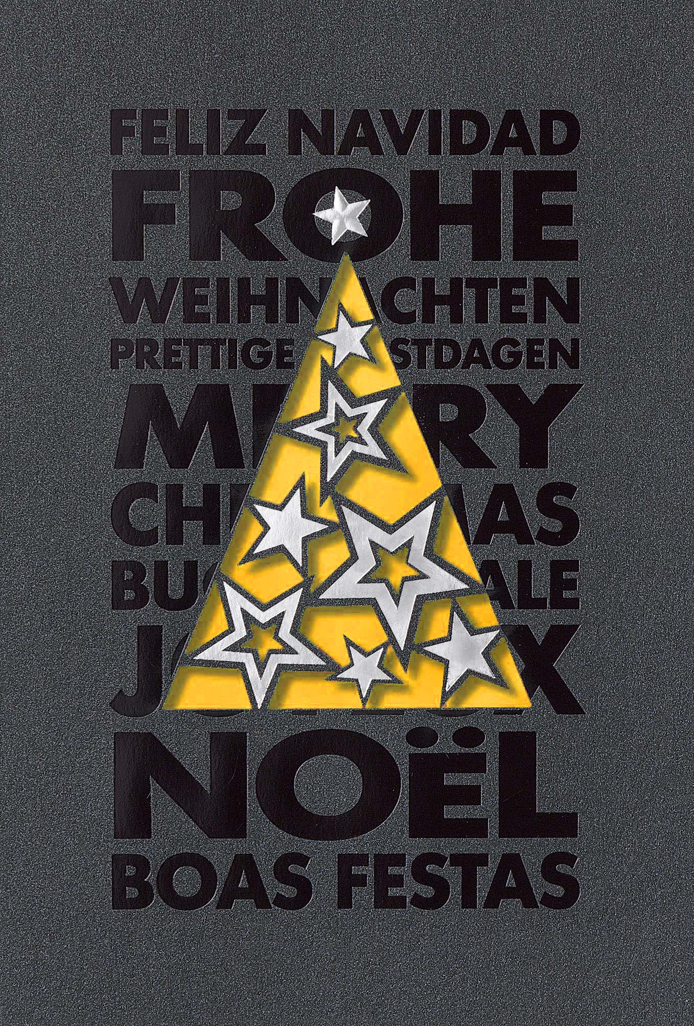 Internationale Weihnachtskarte in dunkelgrau mit Stanzung, Sternen und gelbem Einleger