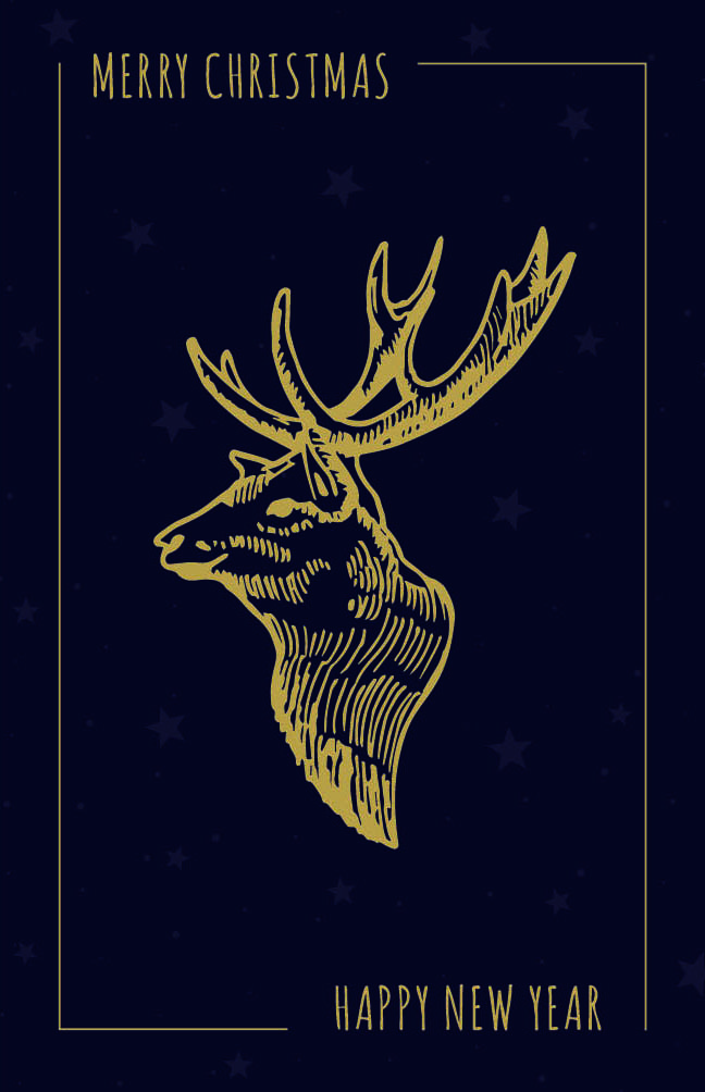 Elegante Weihnachtskarte in nachtblau "Golden Deer" mit goldfarbenem Hirschmotiv und Sternenhintergrund sowie englischsprachigem Gruß