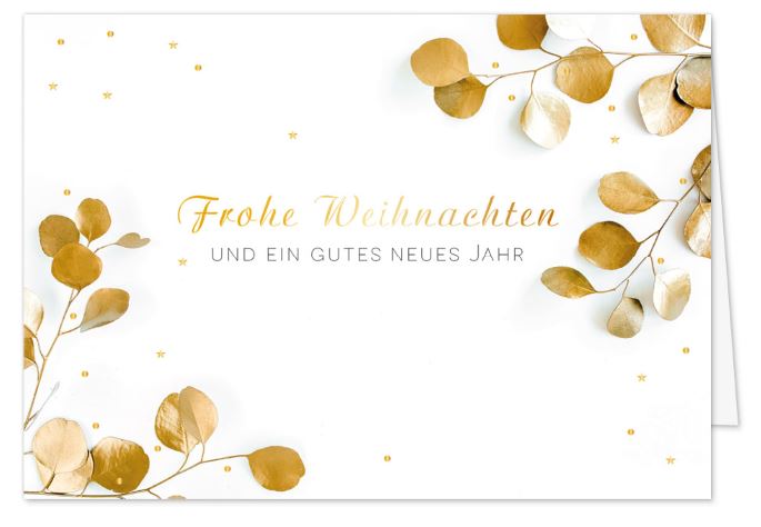 Weihnachtskarte "Botanic" weiß mit Blätterzweigen und Weihnachtsgruß mit Goldfolienprägung veredelt