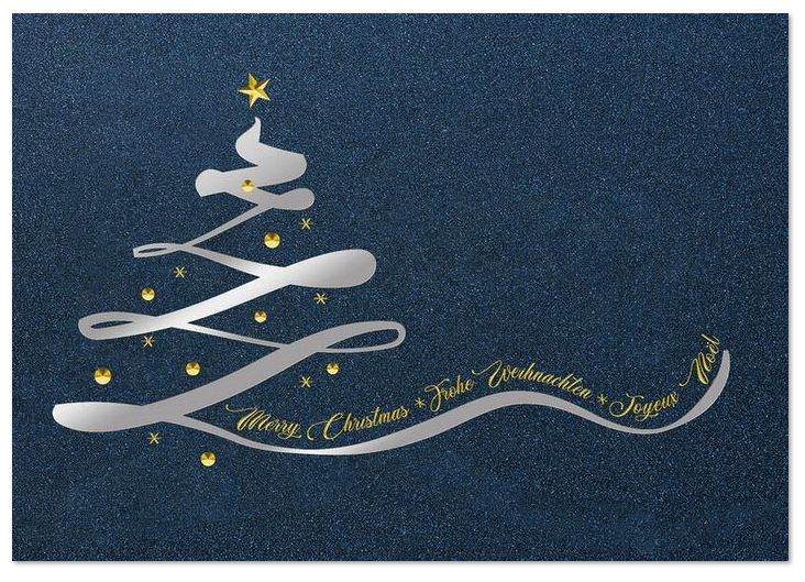 Edle Weihnachtskarte in dunkelblau mit internationalen Grüßen und Veredelung in gold und silber