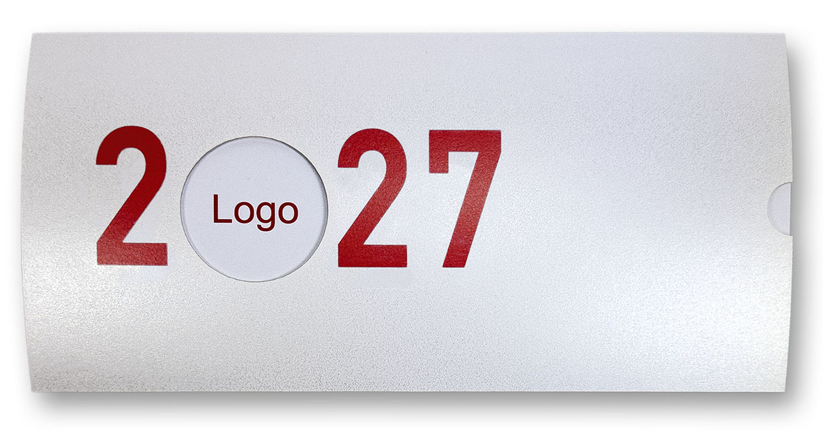 Metallic-Neujahrskarte weiß-rot Schiebekarte für Jahreswechsel 2026 - 2027 mit Logo-Fenster