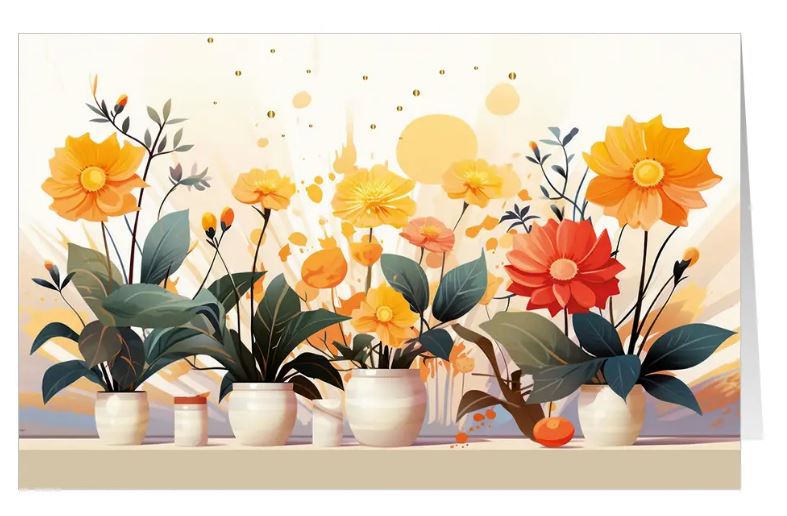 Blumenkarte für viele Anlässe mit zahlreichen weißen Vasen und blühenden Sommerblumen