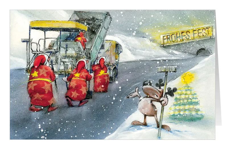 Humorvolle Weihnachtskarte für Straßenbau, Asphalttechnik, Bauunternehmen mit Weihnachtsgruß "Frohes Fest"