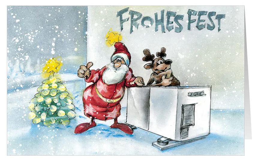Lustige Branchenkarte "Warme Feiertage" mit dem Weihnachtsmann und Rentier an einer neuen Wärmepumpe