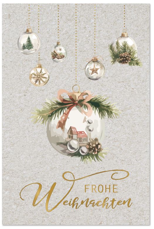 Weihnachtliche Festtagskarte "Kugelzauber" mit goldenem Weihnachtsgruß und hängenden Weihnachtskugeln