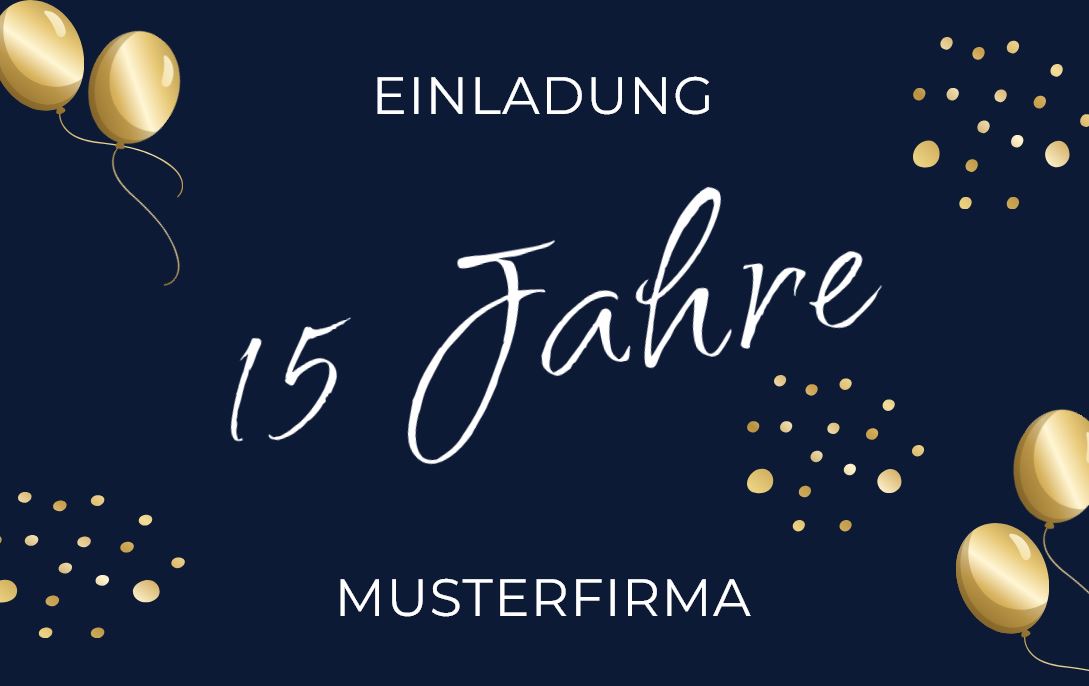 Festliche Jubiläumseinladungskarte "Erfolgsgeschichte" für Firmen in Nachtblau mit Luftballons und Konfettipunkten