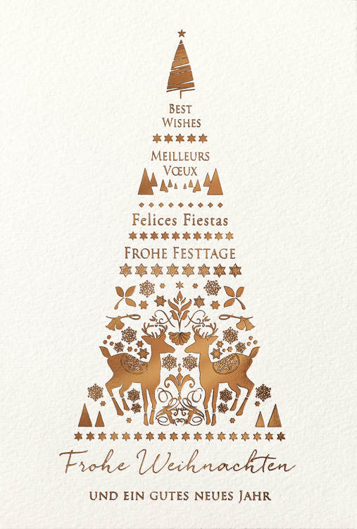 Weihnachtskarte creme mit Baum aus Motiven und Text