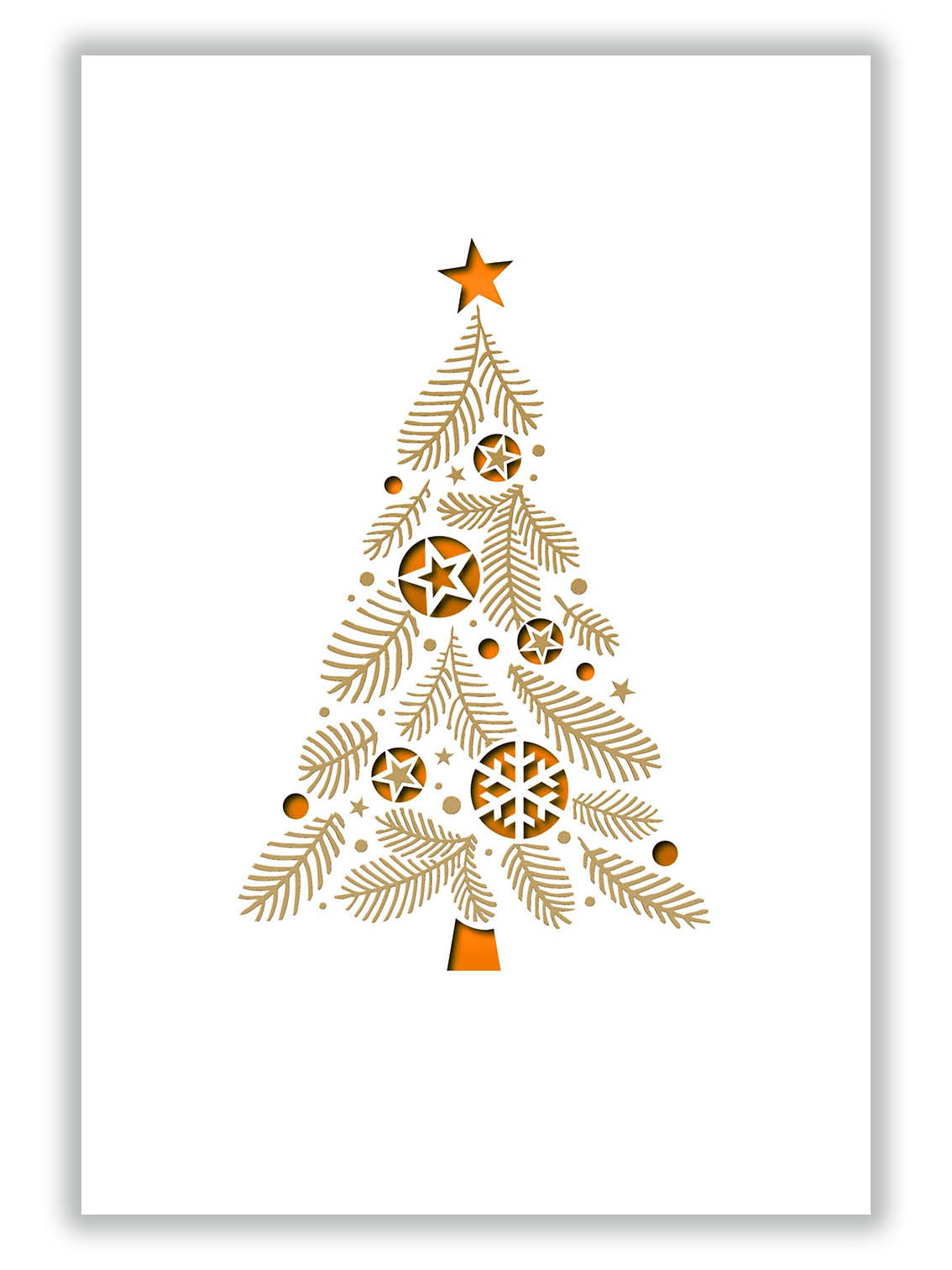 Weiße Weihnachtskarte im Hochformat, mit Stanzung von Baumkugeln, Goldfolienprägung und orangenem Falteinleger