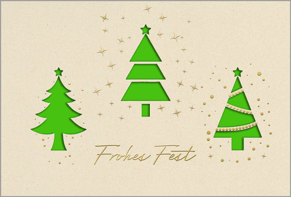 Weihnachtskarte in creme mit Goldfolienprägung und Formstanzung von Tannenbäumen, Einleger: grün