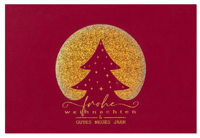Rote Weihnachtskarte "Goldene Eleganz" mit Weihnachtsbaum, Sternen und weihnachtlichen Grüßen