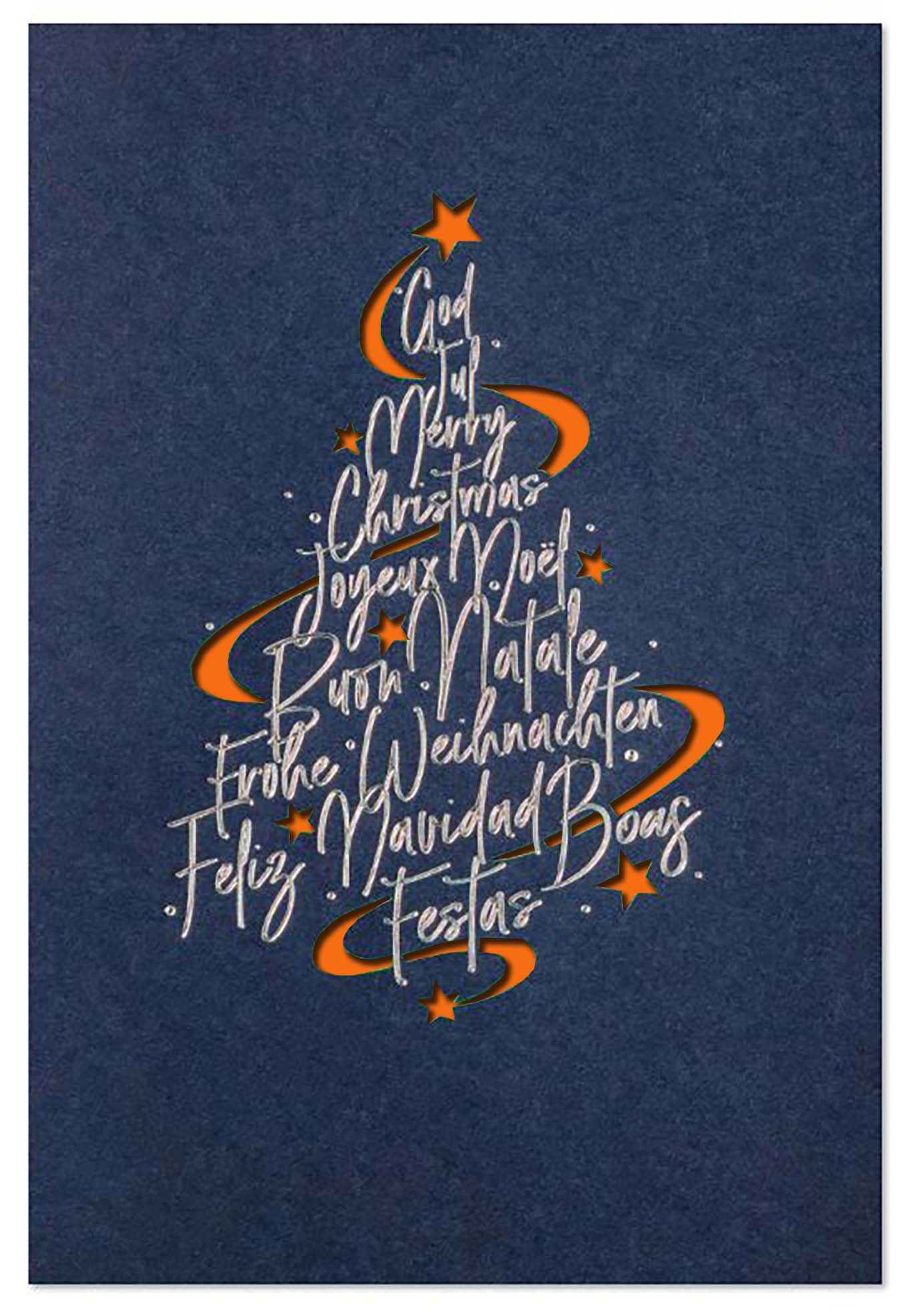 Eleganter Weihnachtsgruß in blau mit Stanzung und internationalen Grüßen, Einleger orange