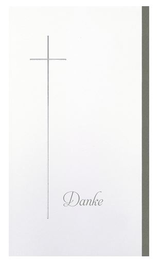 Trauer-Dankkarte aus feinem Leinenkarton mit Kreuz, dem Wort "Danke" und grauem Trauerbalken
