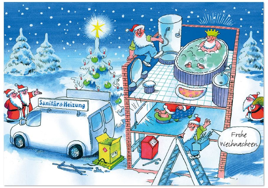 Detailreiche und humorvolle Branchenweihnachtskarte für Sanitär- und Heizungsbetriebe mit Weihnachtsgruß