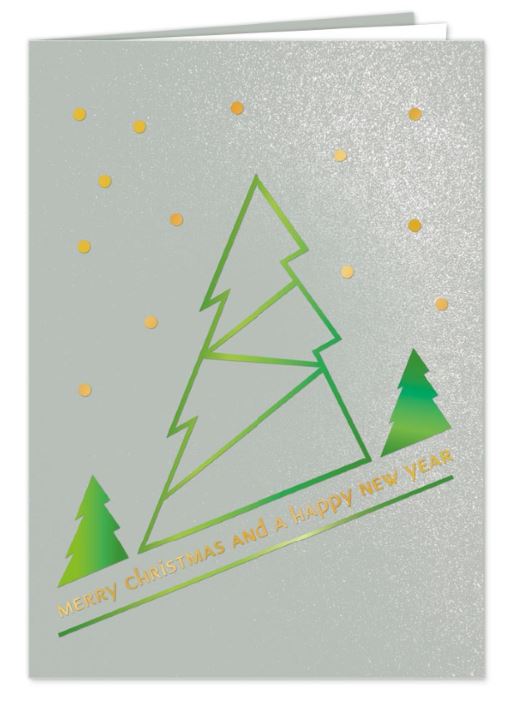 Silbergraue Weihnachtskarte mit Gold- und Grünprägung und englischsprachigem Weihnachtsgruß, inkl. Einlegeblatt
