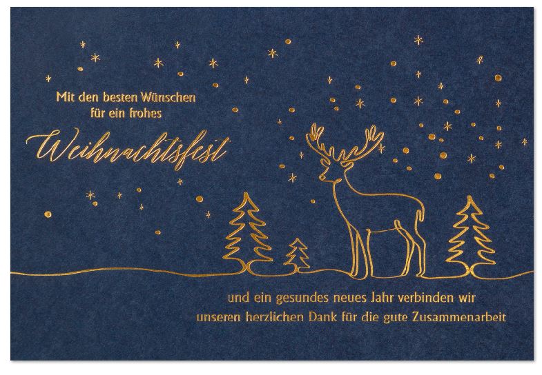 Firmenweihnachtskarte "Edler Hirsch" in blau mit Goldfolienprägung von Gruß, Tannen und prächtigem HIrsch