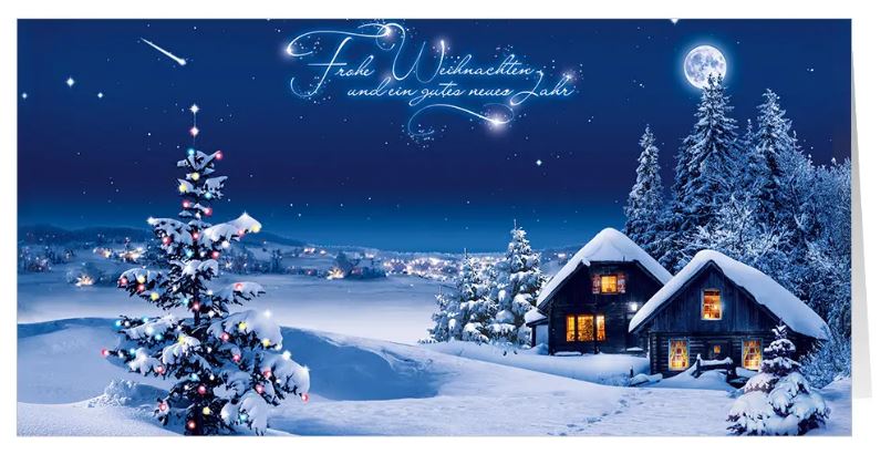 Winterliche Weihnachtskarte "Vollmondnacht" im DIN lang Format mit verschneiten Hütten und Weihnachtsbaum
