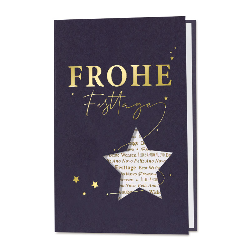 Dunkelblaue Weihnachtskarte mit Sternstanzung, Goldfolienprägung und internationalen Grüßen, inkl. Einlegeblatt