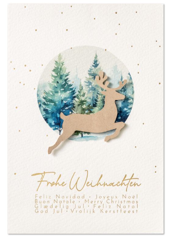 Zauberhafte Weihnachtskarte mit aufgeklebtem Hirsch und internationalen Grüßen in goldener Prägung