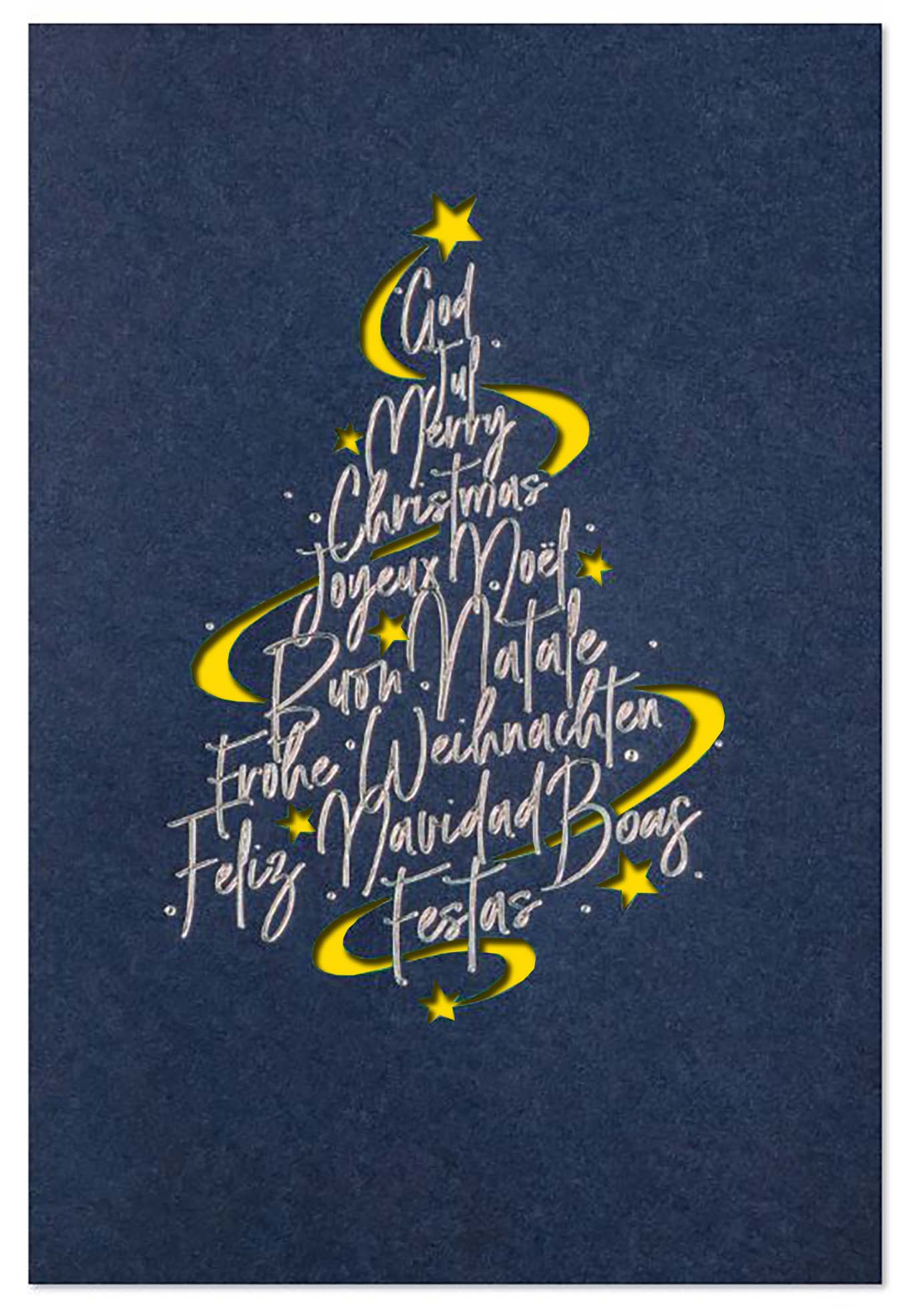 Internationale Weihnachtskarte in blau mit Stanzung und Silberprägung, Einleger gelb