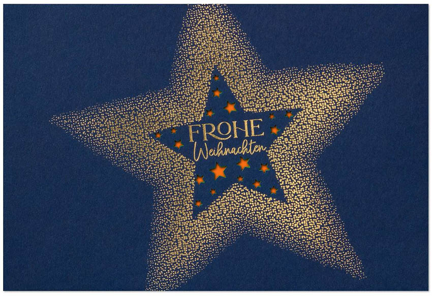 Exklusive Weihnachtskarte in blau mit Laserstanzung Sterne und edler Goldfolienprägung, Einleger orange