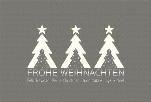 Anthrazitfarbene Weihnachtskarte mit mehrsprachigen Weihnachtsgrüßen und cremefarbenem Einleger