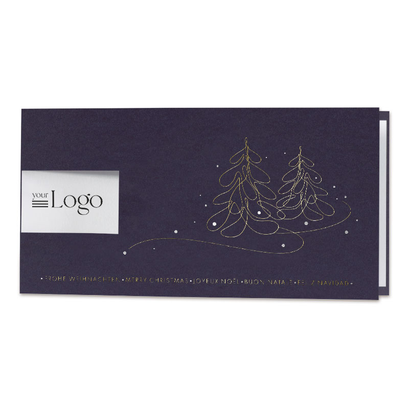 Internationale Logo-Weihnachtskarte für Firmen, DIN lang in Dunkelblau mit Goldfolienprägung, inkl. Einlegeblatt