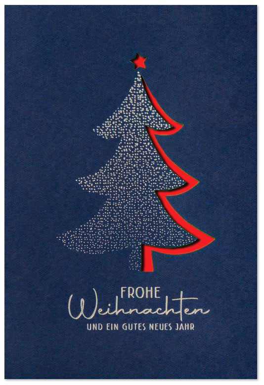 Blaue Weihnachtskarte "Tannenglück" mit Silberfolienprägung und Laserstanzung, Einleger rot