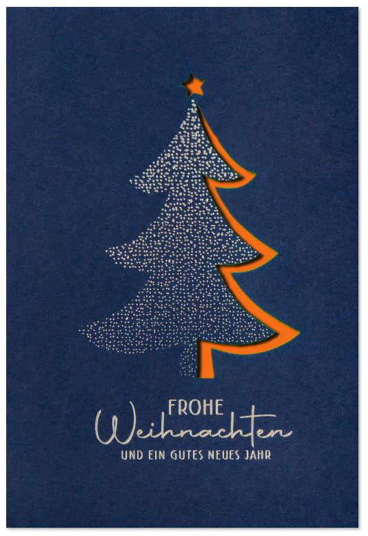 Blaue Weihnachtskarte "Tannenglück" mit Silberfolienprägung und Laserstanzung, Einleger orange