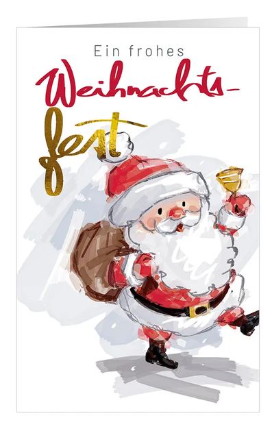 Fröhliche Weihnachtskarte "Glockenläuten" mit gut gelauntem Weihnachtsmann und festlichen Grüßen