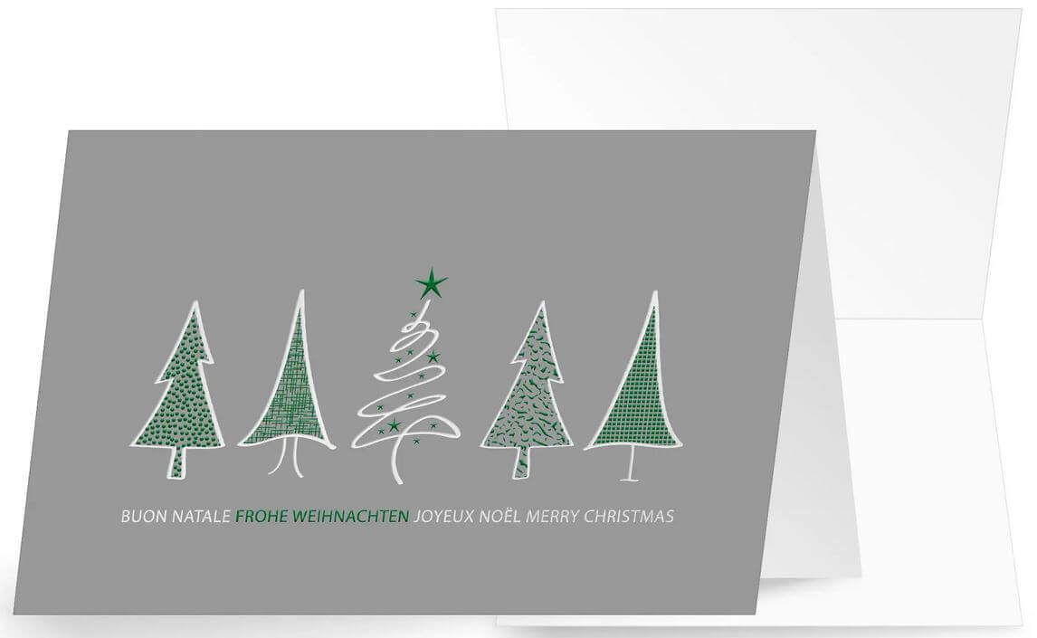 Internationale Weihnachtskarte mit grüner Folienprägung von Weihnachtsgruß und Bäumchen