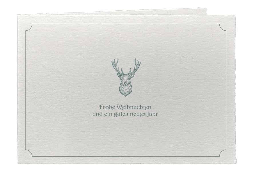 Bütten-Weihnachtskarte mit Hirsch-Kopf / Geweih, in klassischem waldgrün