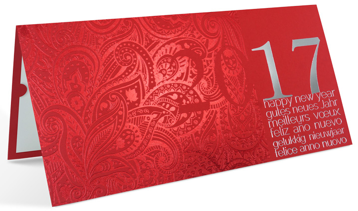 Neujahrskarte rot mit rotem Ornament international mit silberner Jahreszahl 2017