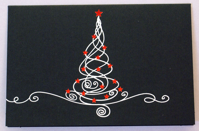 Weihnachtskarte schwarz mit abstraktem Weihnachtsbaum weiß rot